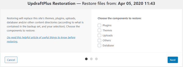 updraft plus select files to restore