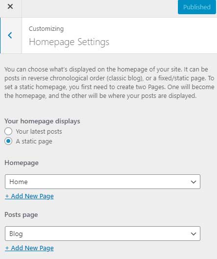 how to set a static homepage wordpress customizer